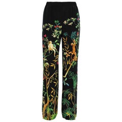 New ALBERTA FERRETTI Jungle Printed Black Silk Wide-Leg Pants It. 44