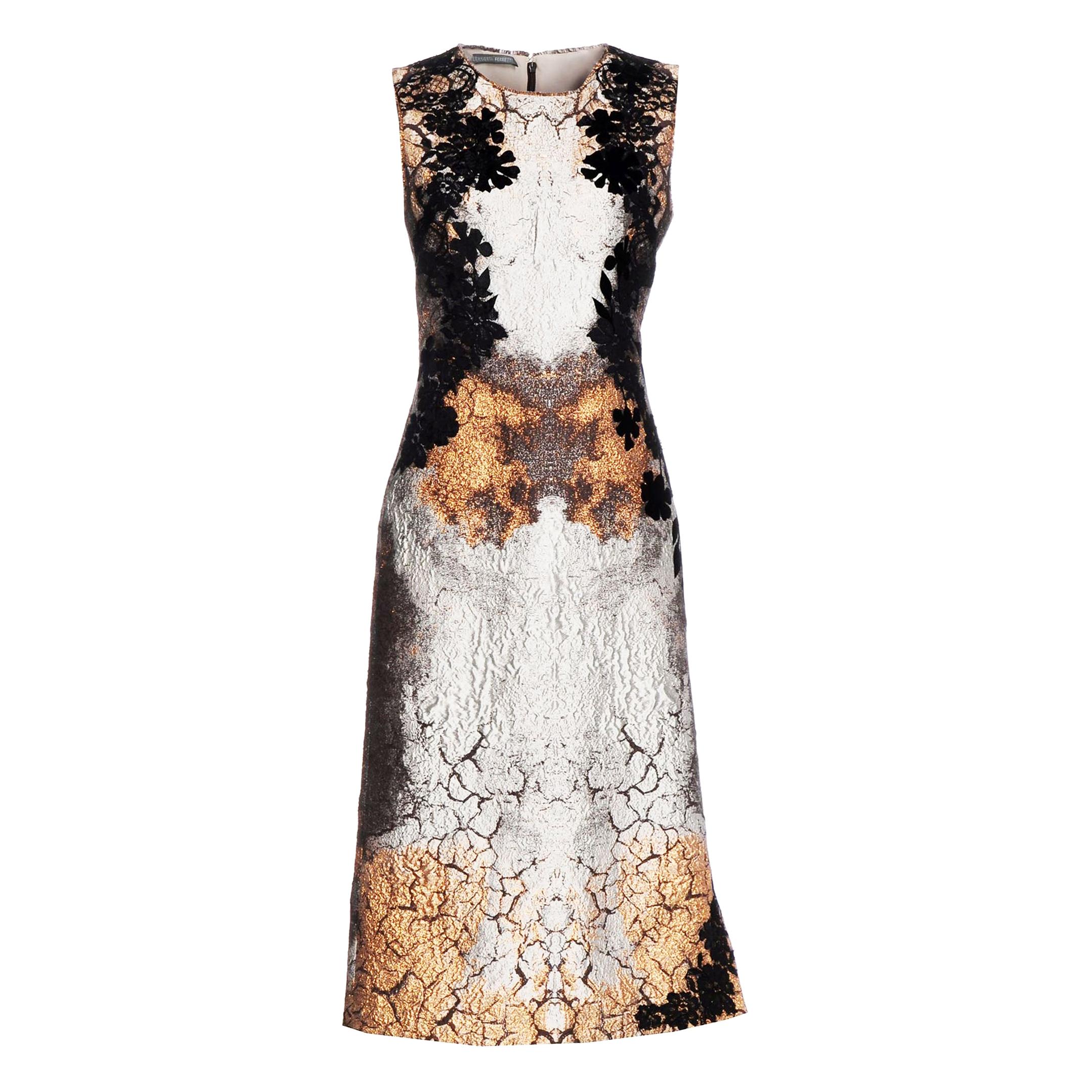 New Alberta Ferretti Bronze Metallic Jacquard Dress with Application It. 44 US 8