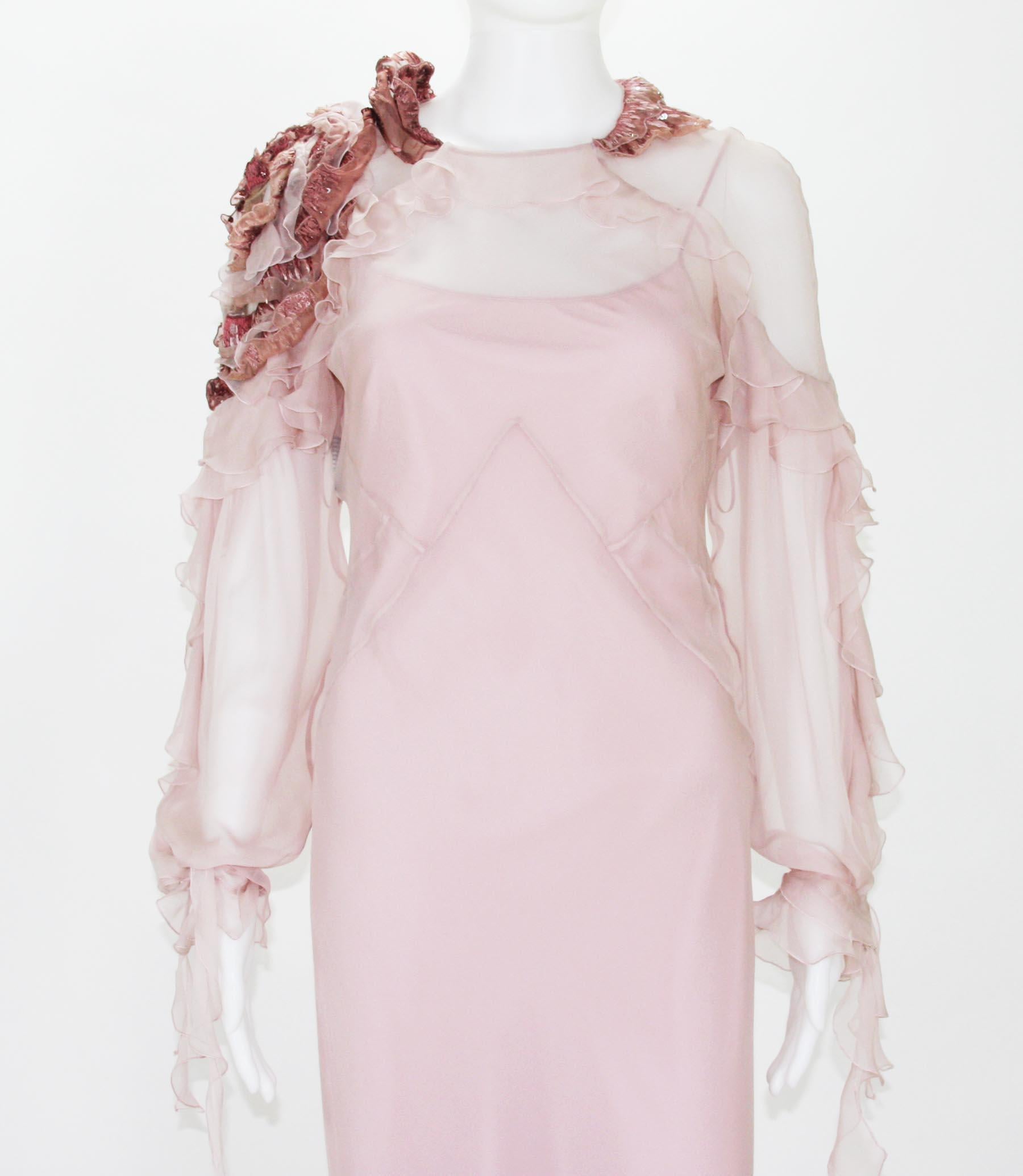 Beige New Alberta Ferretti Runway F/W 2017 Silk Pink Wedding Dress with Application 40 For Sale
