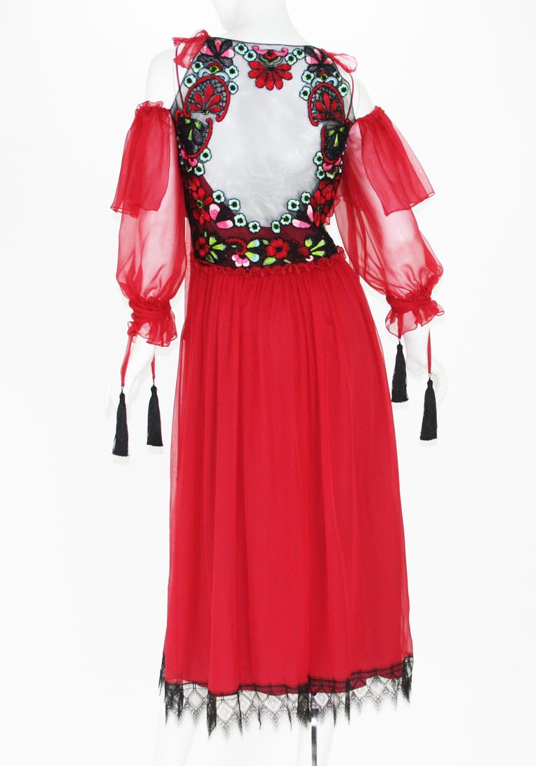 Nwt Alberta Ferretti Red Silk Beaded Tassel Lace Long Dress Italian 42
