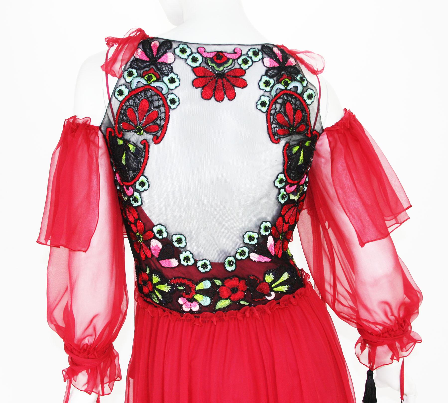 NWT Alberta Ferretti Red Silk Beaded Tassel Lace Long Dress Italian 42 For Sale 1