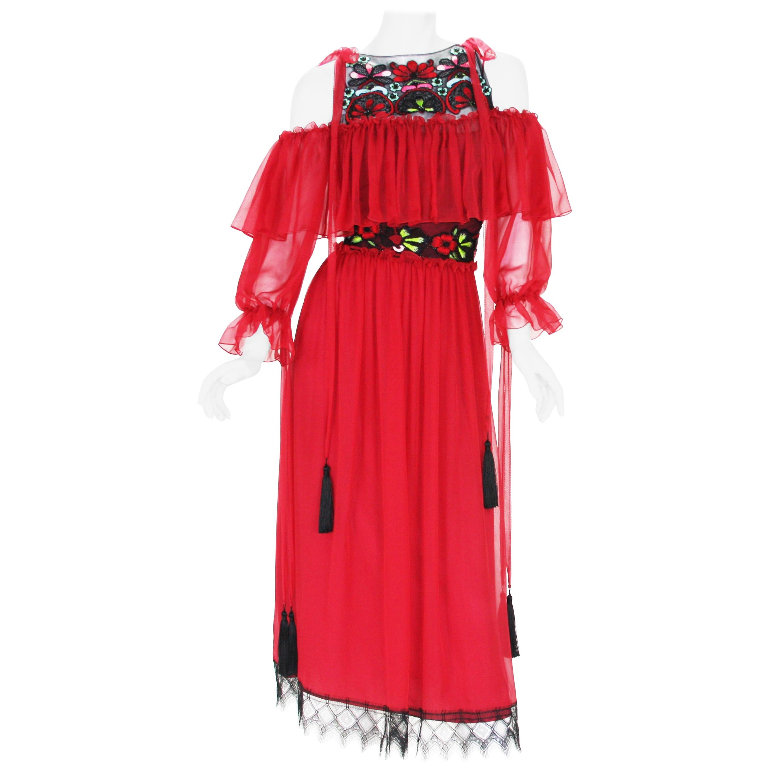 New Alberta Ferretti S/S 2017 Collection Red Silk Beaded Tassel Lace Long Dress 