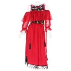 New Alberta Ferretti S/S 2017 Collection Red Silk Beaded Tassel Lace Long Dress 