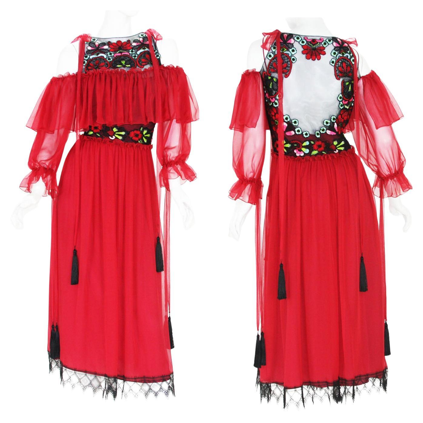 NWT Alberta Ferretti Red Silk Beaded Tassel Lace Long Dress Italian 42 For Sale