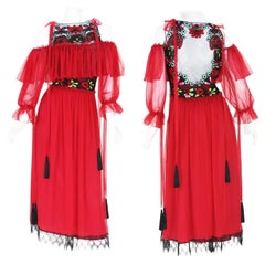 NWT Alberta Ferretti Rosso Seta Perline Pizzo Abito Lungo Italiano 42