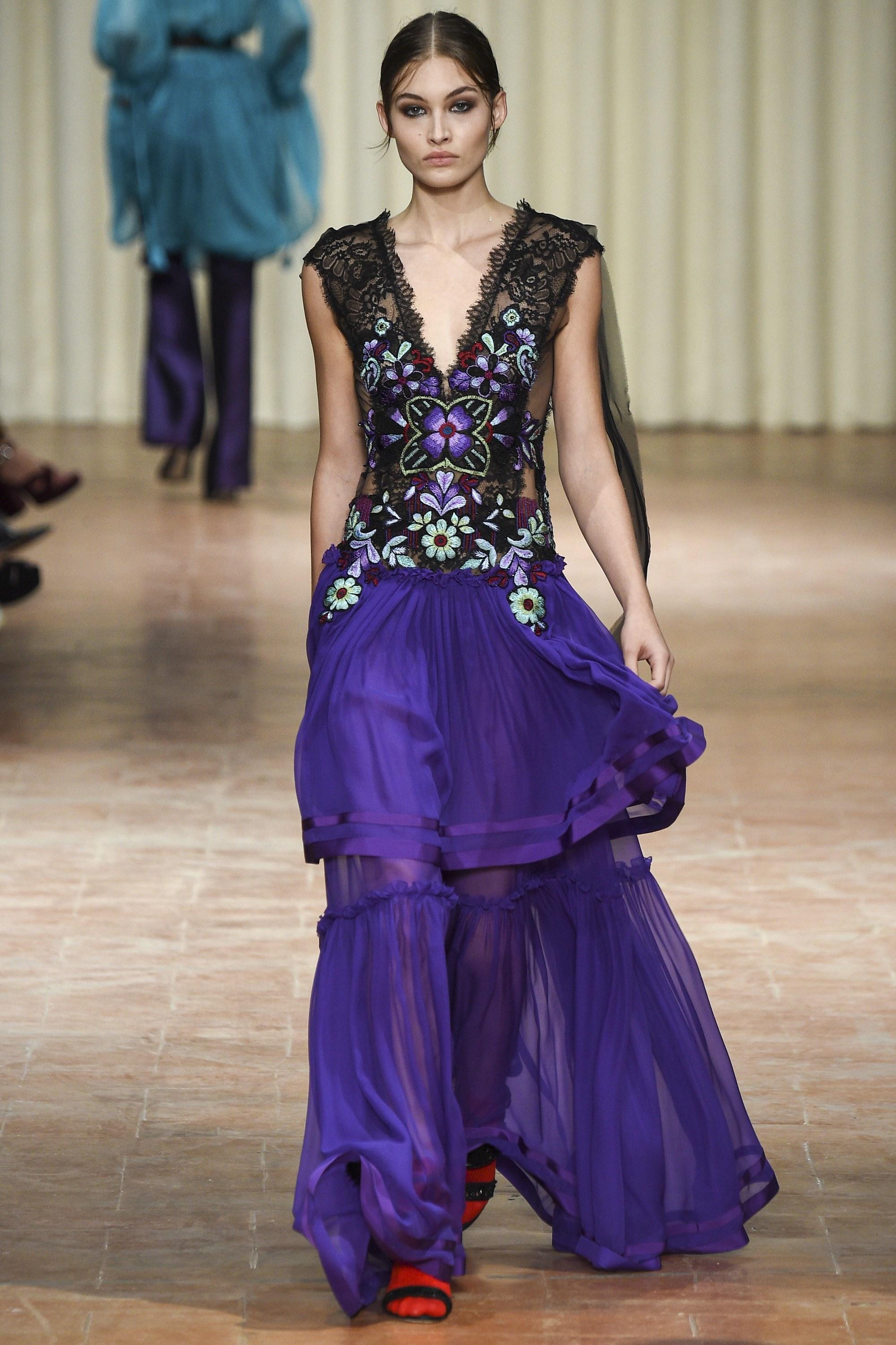 New Alberta Ferretti Beaded and Embroidered Purple Long Dress Gown
Alberta Ferretti Spring Summer 2017 – The Alberta Ferretti collection saw a change of direction for the brand. There was a recognizable departure from the romantic whimsicality of