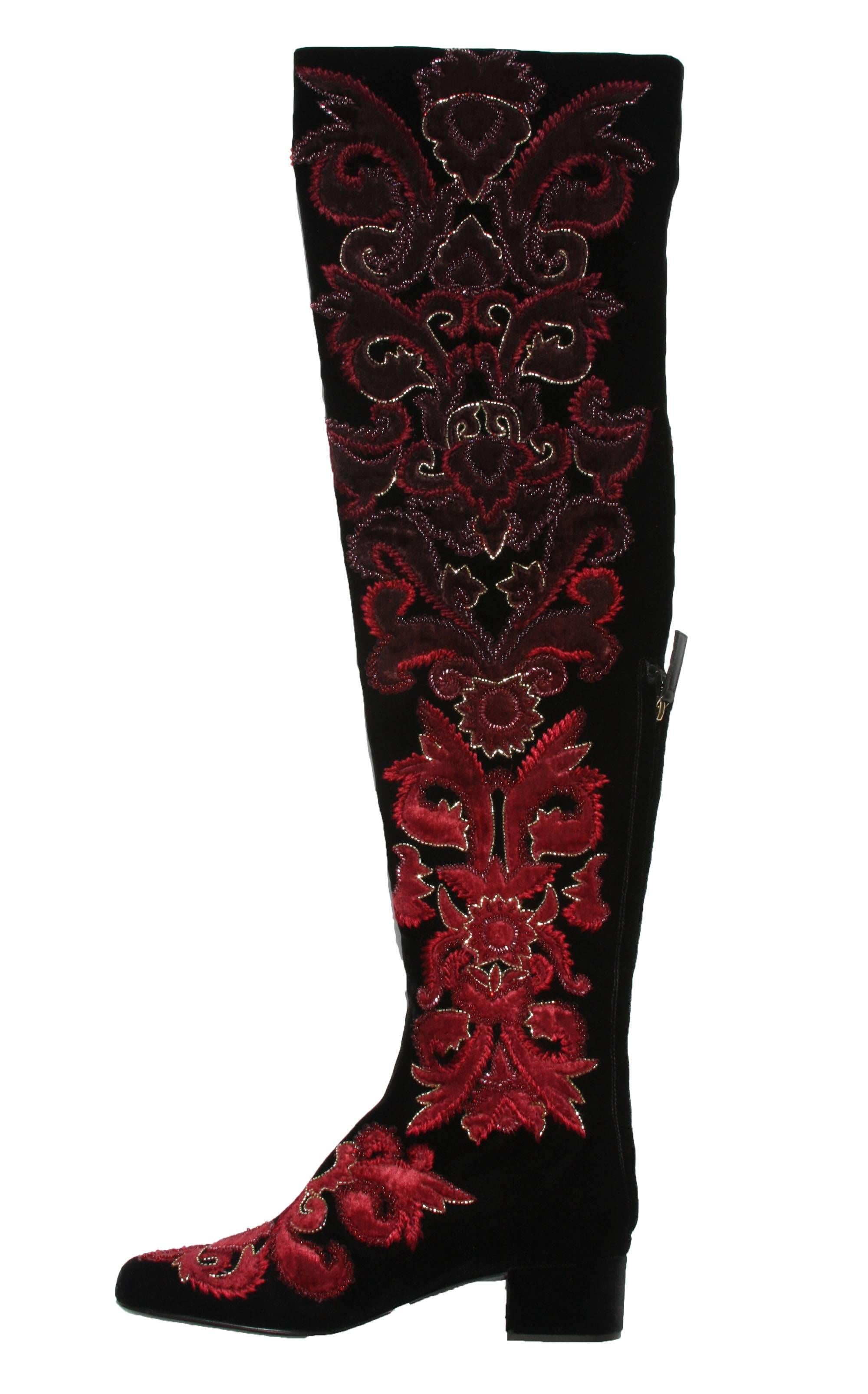 embroidered knee high boots