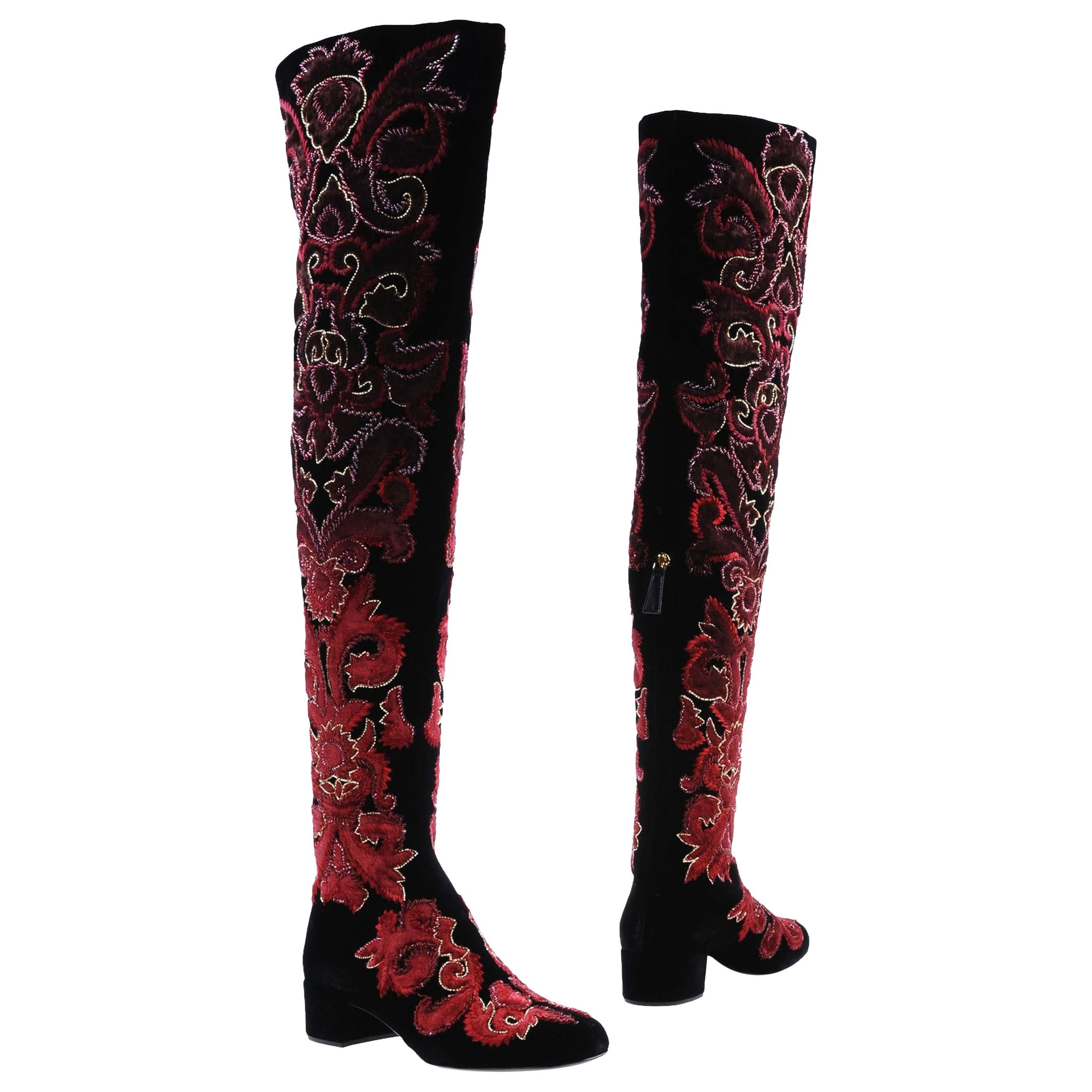 New Alberta Ferretti Velvet Beaded Embroidered Thigh High Boots 39 - 9