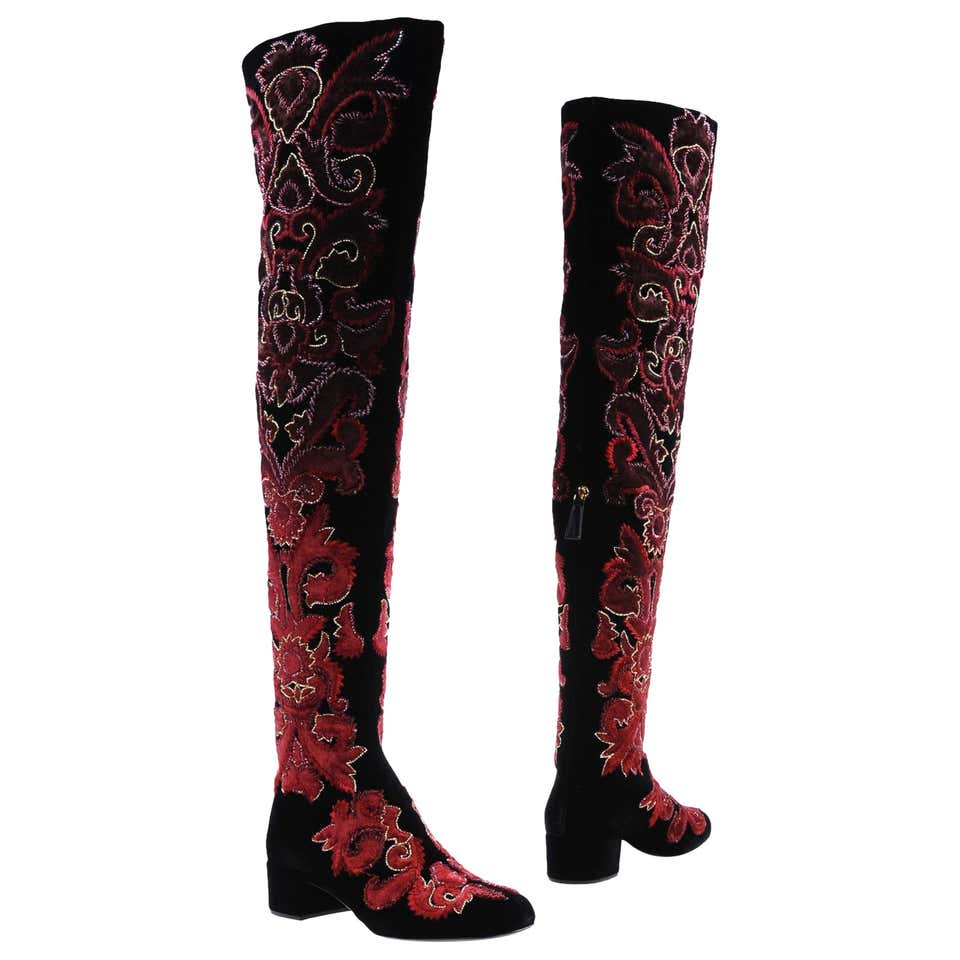 New Alberta Ferretti Velvet Beaded Embroidered Thigh High Boots 39 - 9 ...