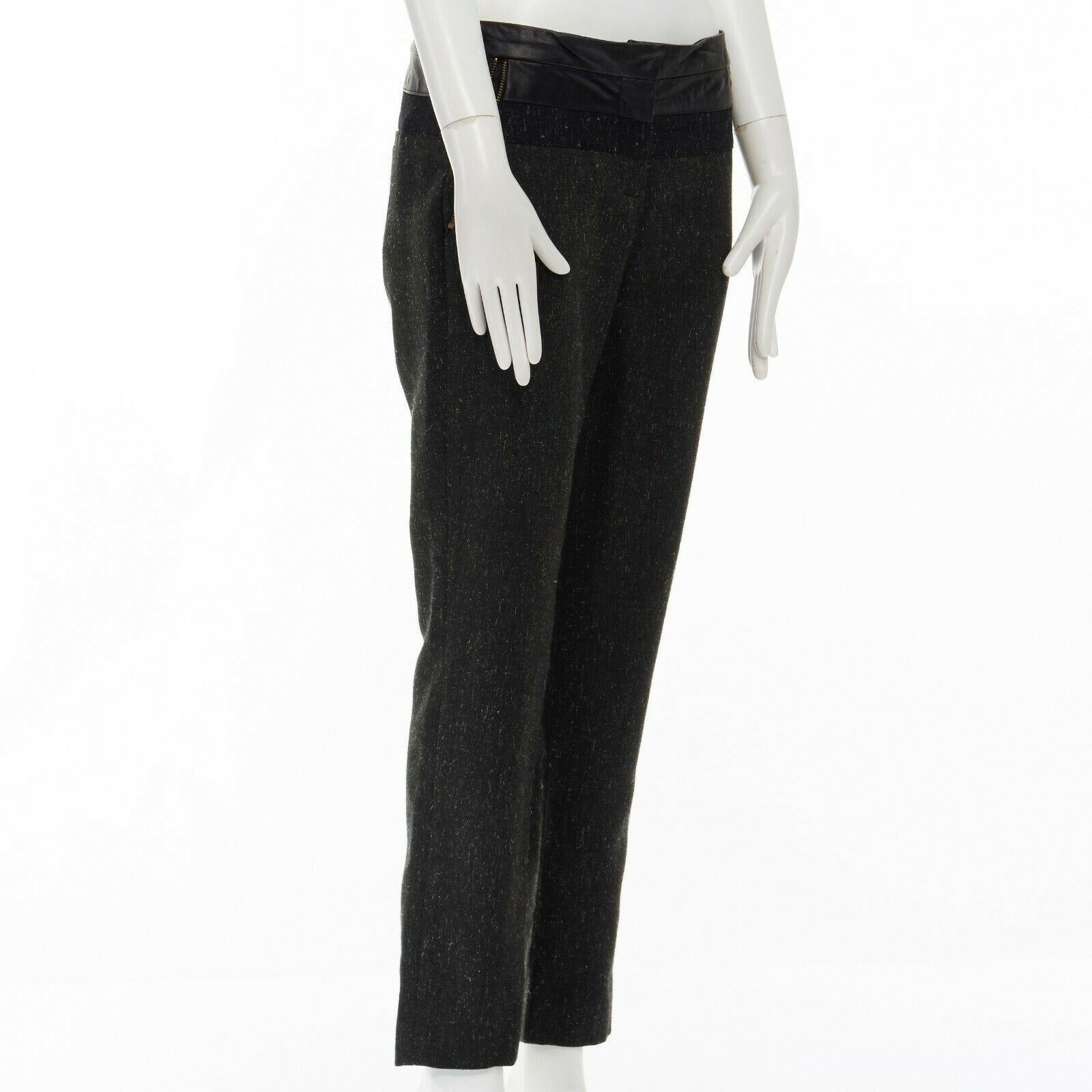 Black new ALC leather waist navy grey wool tweed colorblocked slim fit pants For Sale