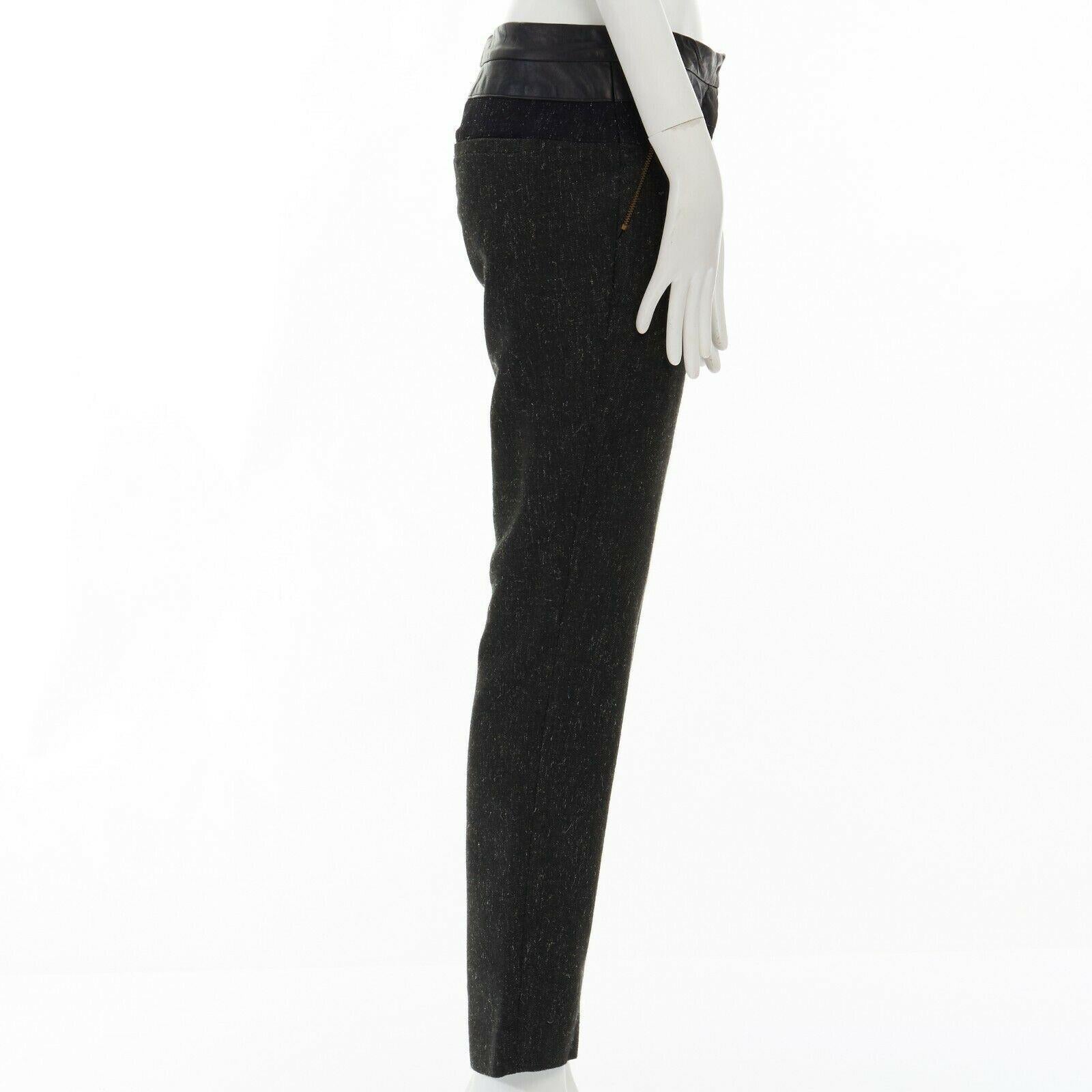 new ALC leather waist navy grey wool tweed colorblocked slim fit pants In Good Condition For Sale In Hong Kong, NT