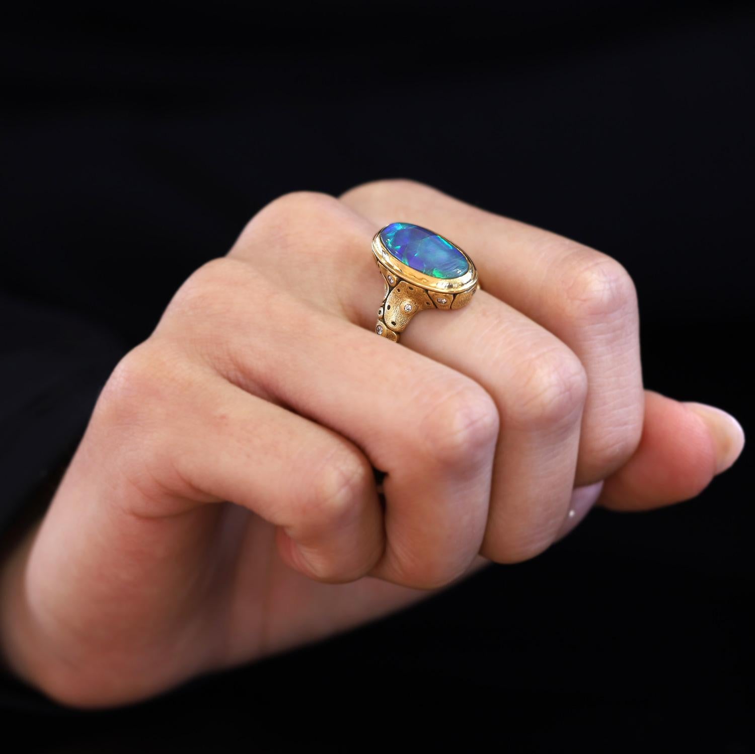 Cabochon New Alex Sepkus 3.94 Carat Black Opal 18k Gold Ring For Sale