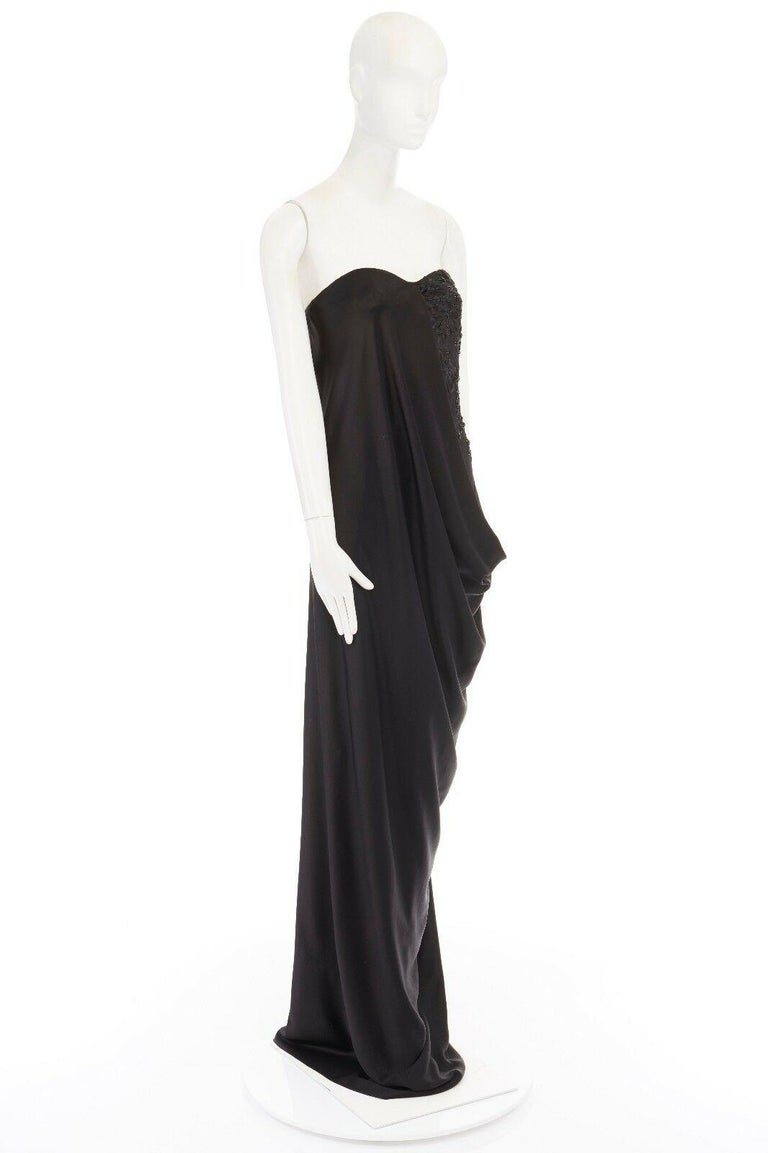 new ALEXANDER MCQUEEN 2008 black bead embroidery draped silk gown dress ...