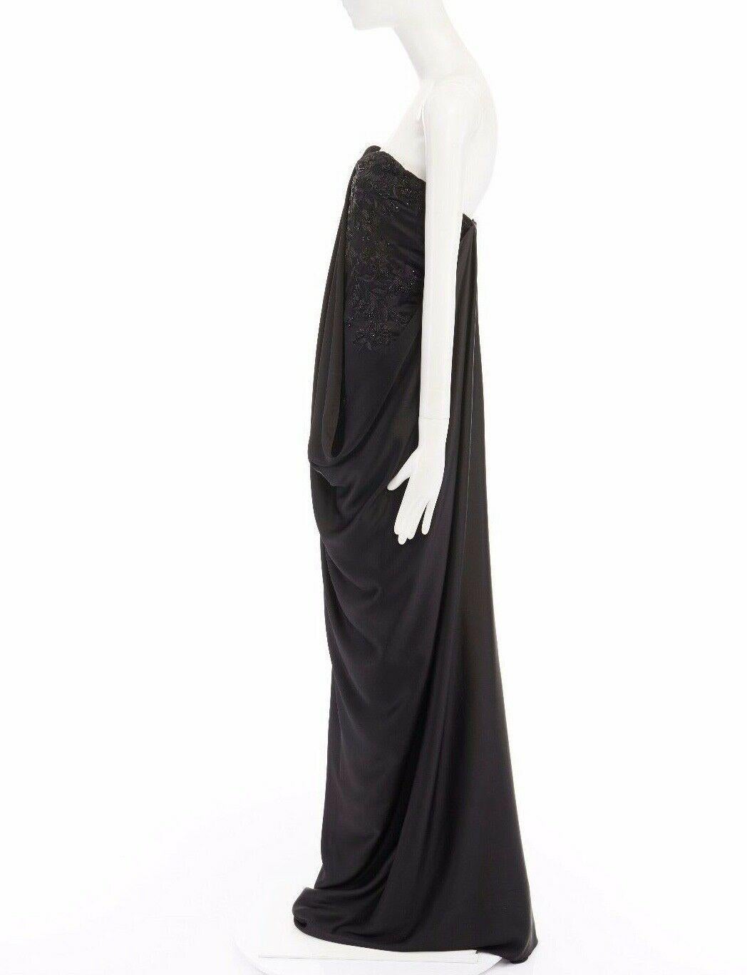 new ALEXANDER MCQUEEN 2008 black bead embroidery draped silk gown dress IT38 XS In Good Condition In Hong Kong, NT