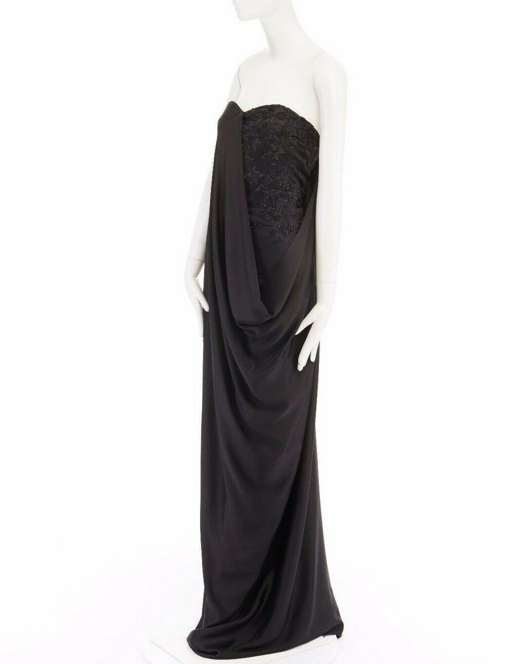 Women's new ALEXANDER MCQUEEN 2008 black bead embroidery draped silk gown dress IT38 XS