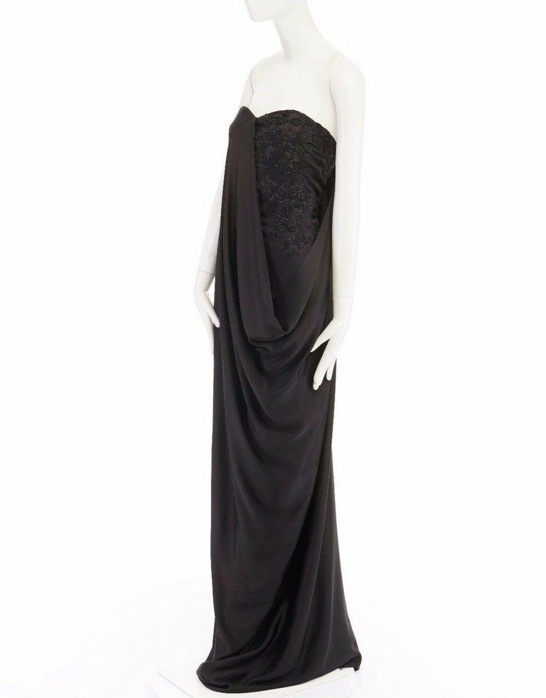 new ALEXANDER MCQUEEN 2008 black bead embroidery draped silk gown dress