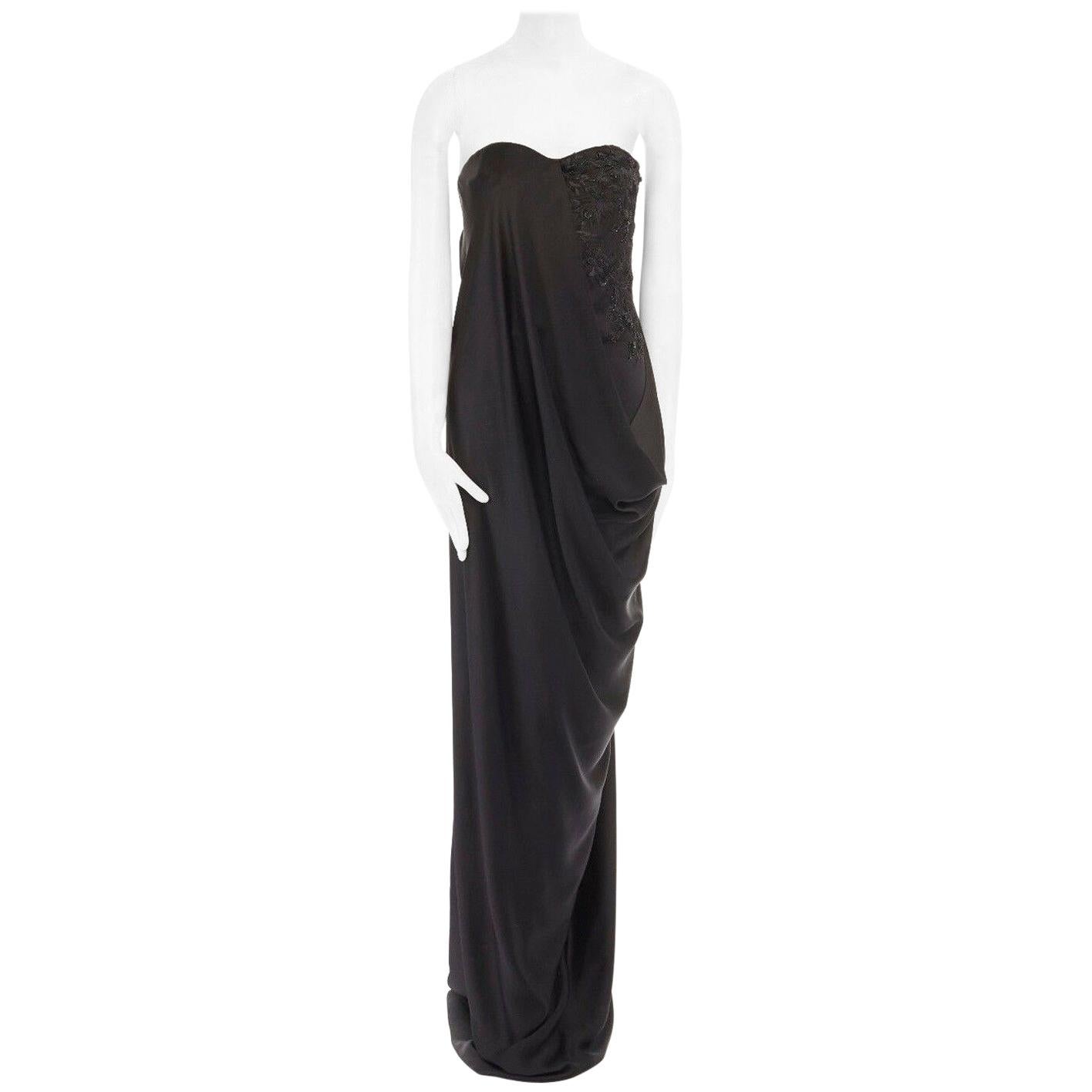 new ALEXANDER MCQUEEN 2008 black bead embroidery draped silk gown dress IT38 XS