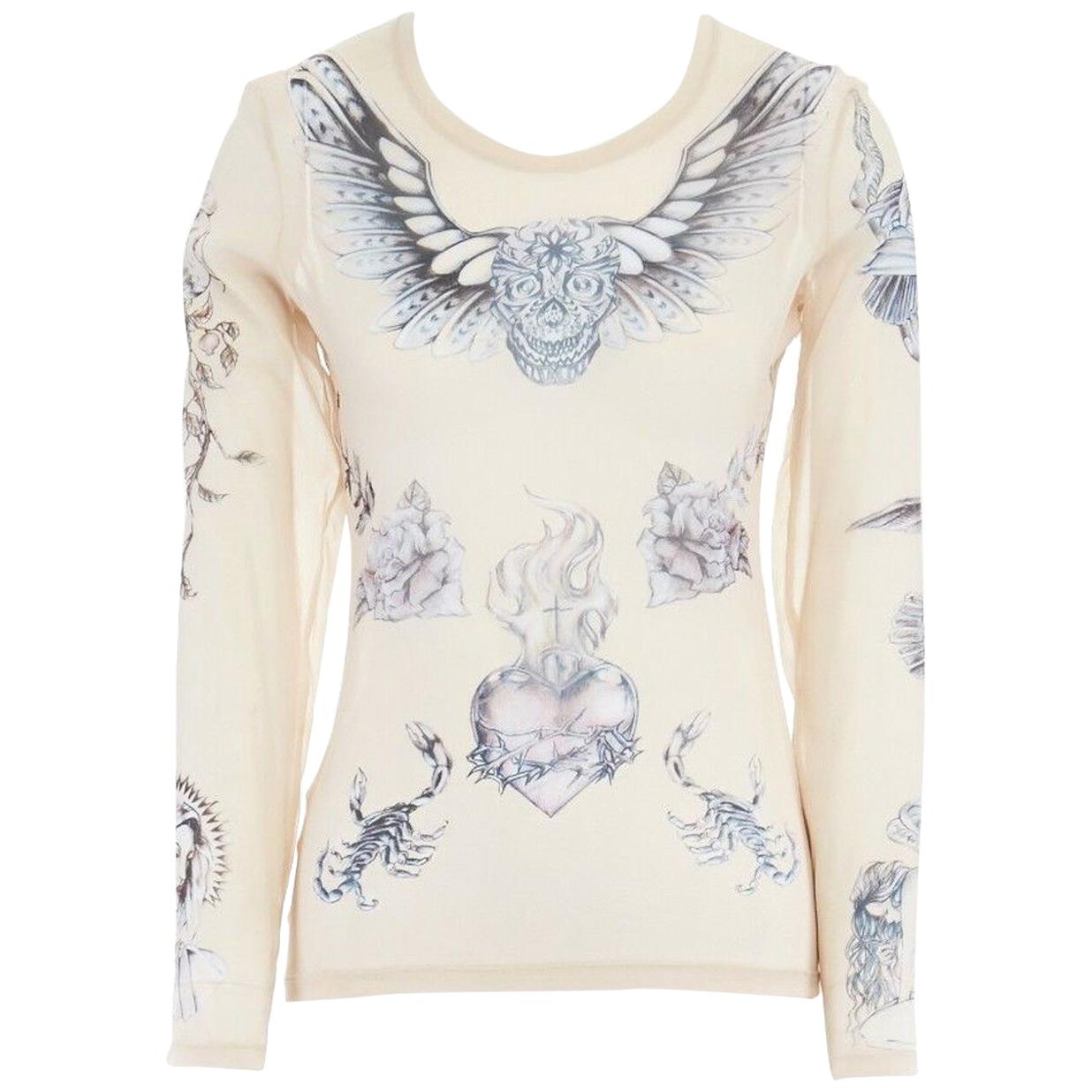 new ALEXANDER MCQUEEN 2008 sheer nude skull tattoo printed silk top IT38 XS