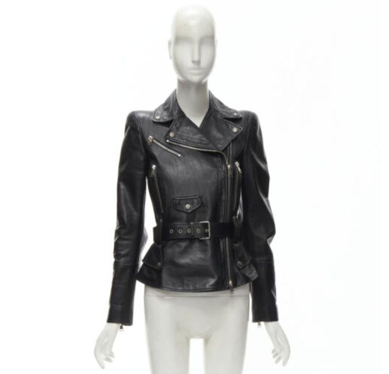 new ALEXANDER MCQUEEN 2010 black leather belted peplum biker jacket IT38 XS For Sale 5