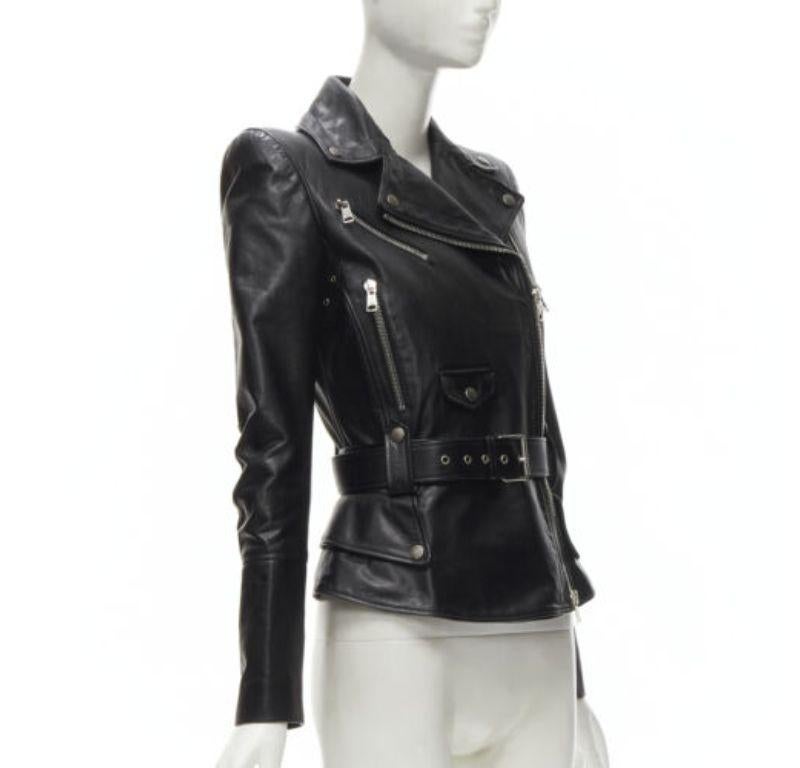 Black new ALEXANDER MCQUEEN 2010 black leather belted peplum biker jacket IT38 XS For Sale