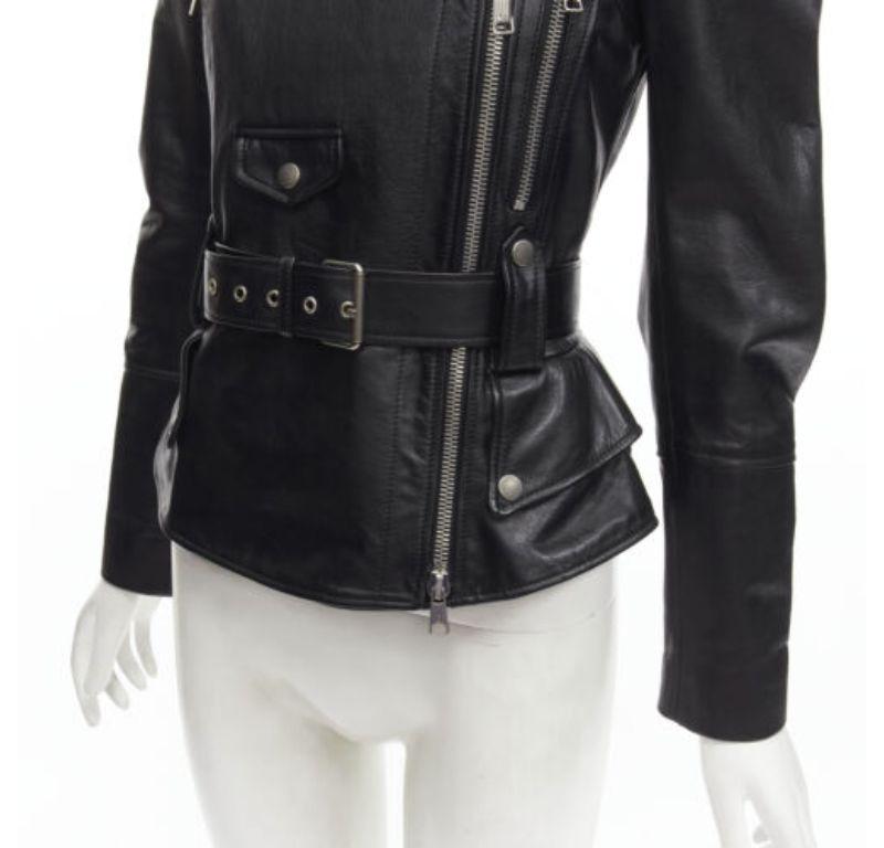 new ALEXANDER MCQUEEN 2010 black leather belted peplum biker jacket IT38 XS For Sale 3