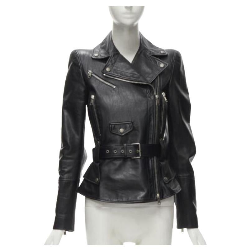 new ALEXANDER MCQUEEN 2010 black leather belted peplum biker jacket IT38 XS For Sale