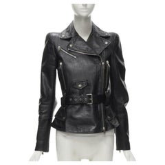 new ALEXANDER MCQUEEN 2010 black leather belted peplum biker jacket IT38 XS