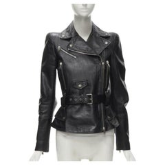 Used new ALEXANDER MCQUEEN 2010 black leather belted peplum biker jacket IT38 XS