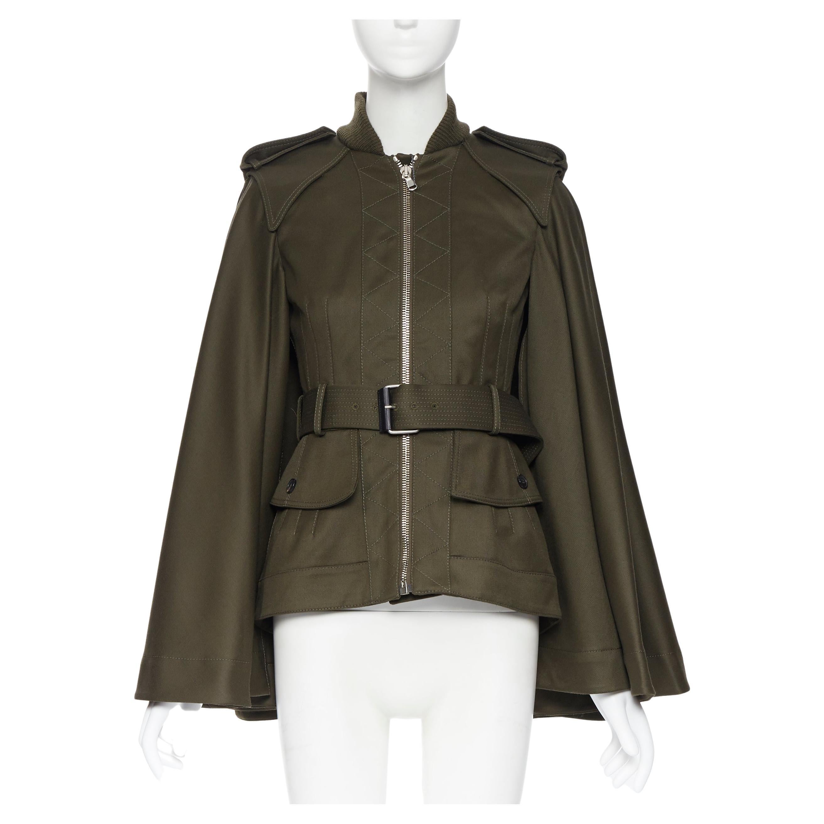 new ALEXANDER MCQUEEN 2015 khaki green belted military cape jacket IT36 XS  For Sale at 1stDibs
