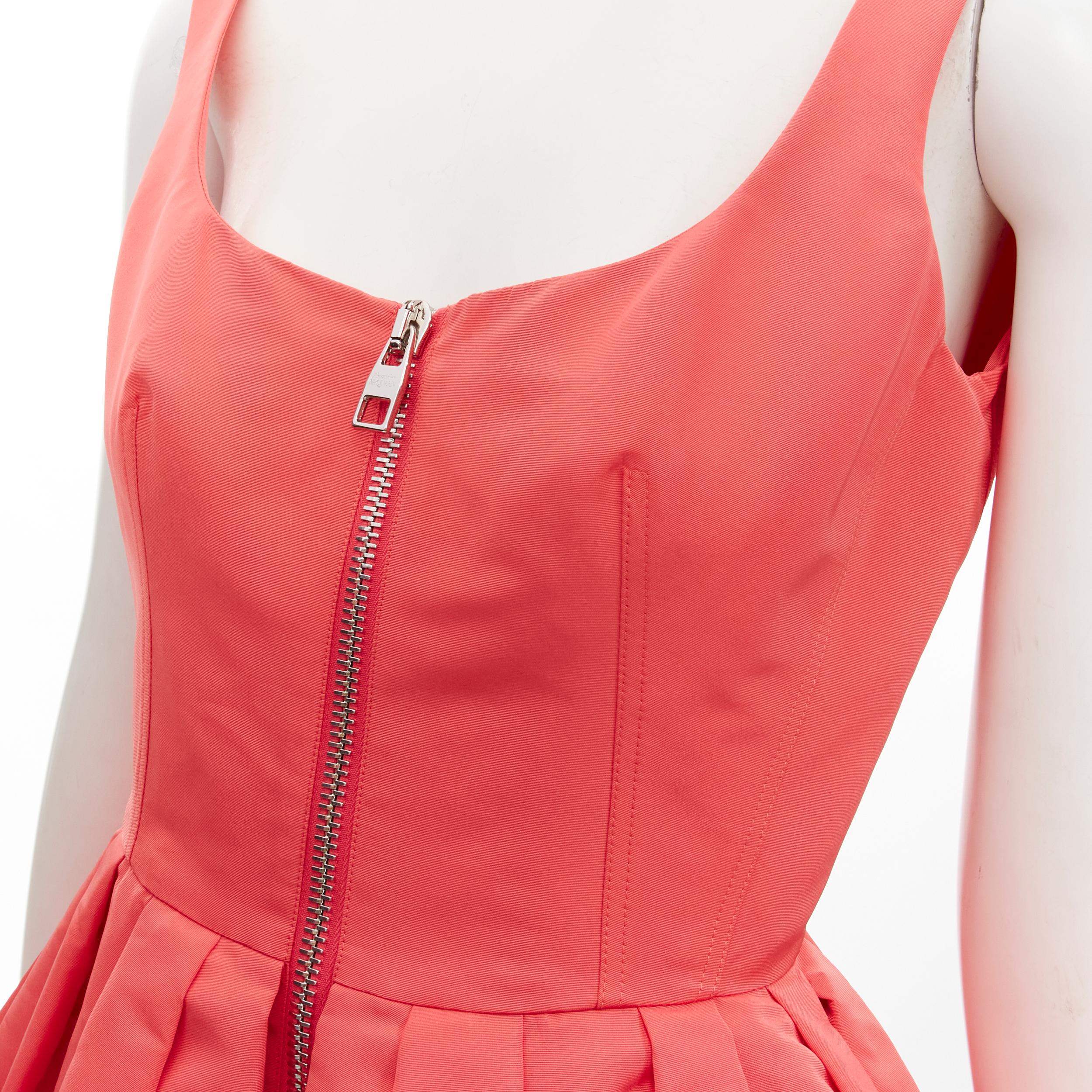 new ALEXANDER MCQUEEN 2021 pink taffeta zip front fit flared dress IT38 S
Brand: Alexander McQueen
Collection: 2021 
Material: Polyester
Color: Pink
Pattern: Solid
Closure: Zip
Extra Detail: Scoop neckline. Silver-tone zip front closure. Pleated