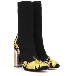 New Alexander McQueen AW 2018 Embroidered Black Gold Ankle Stretch-Knit Boot 37