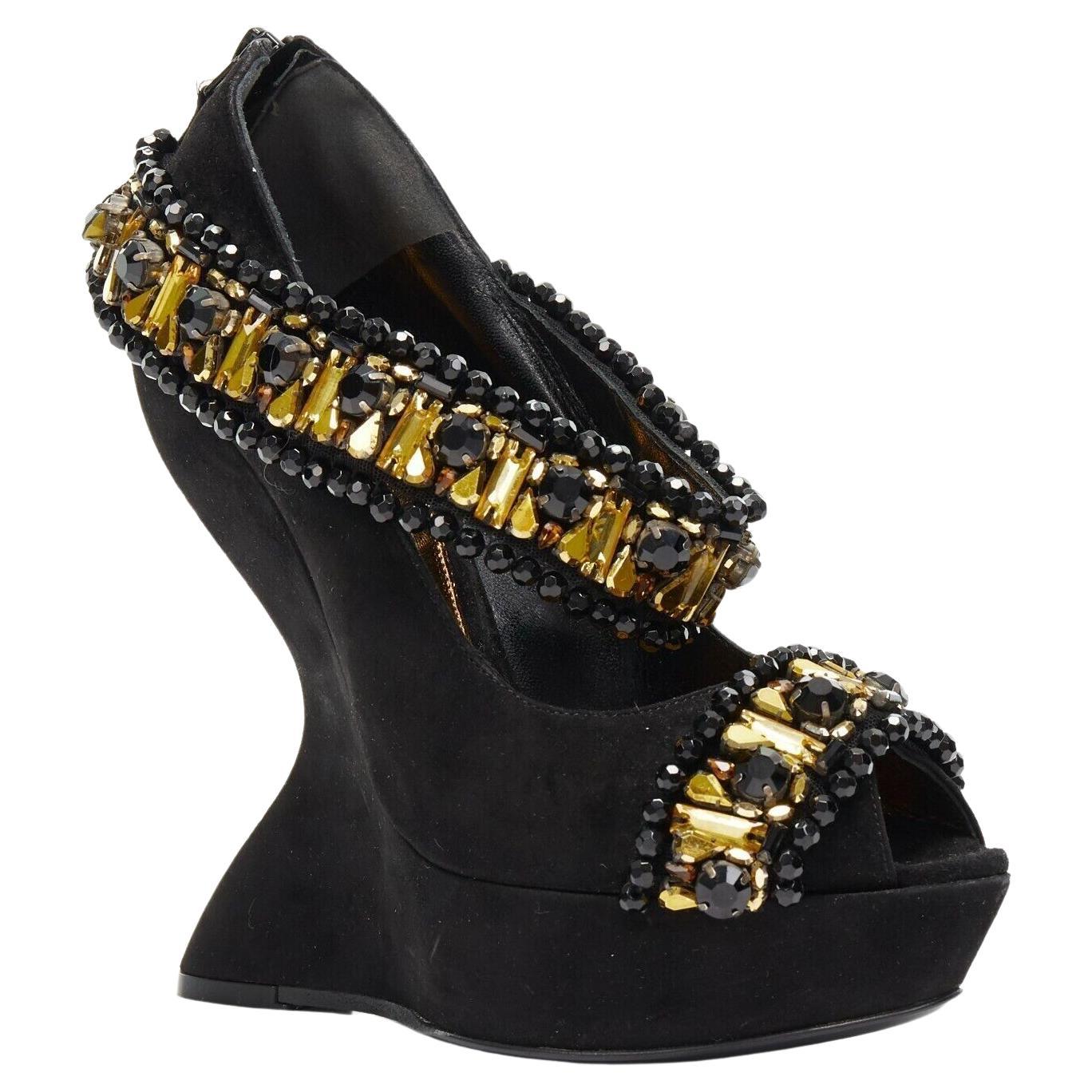 New Alexander McQueen Black Champagne Embellished Wedge Shoes Italian 38 For Sale