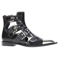 new ALEXANDER MCQUEEN black leather stitch buckle metal toe  ankle boots EU37