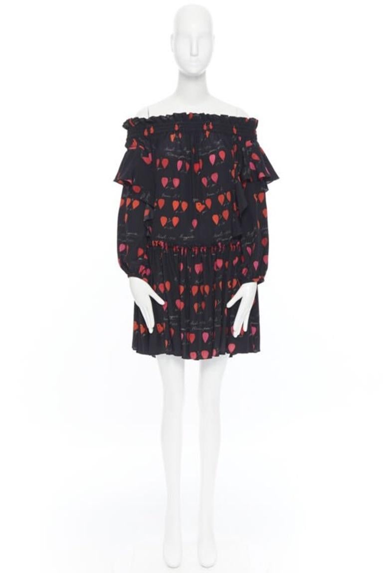 Black new ALEXANDER MCQUEEN black red petal print silk ruffle off shoulder dress IT40 For Sale