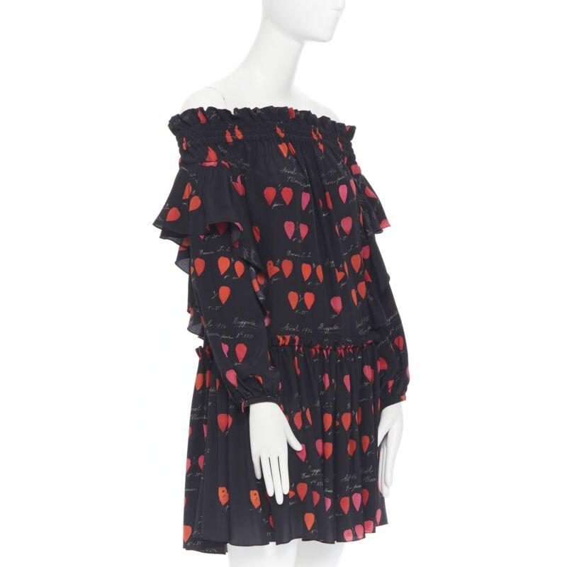new ALEXANDER MCQUEEN black red petal print silk ruffle off shoulder dress IT40 In New Condition For Sale In Hong Kong, NT