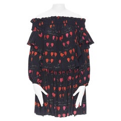 new ALEXANDER MCQUEEN black red petal print silk ruffle off shoulder dress IT40