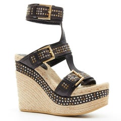new ALEXANDER MCQUEEN black studded leather gladiator espadrille wedge EU38