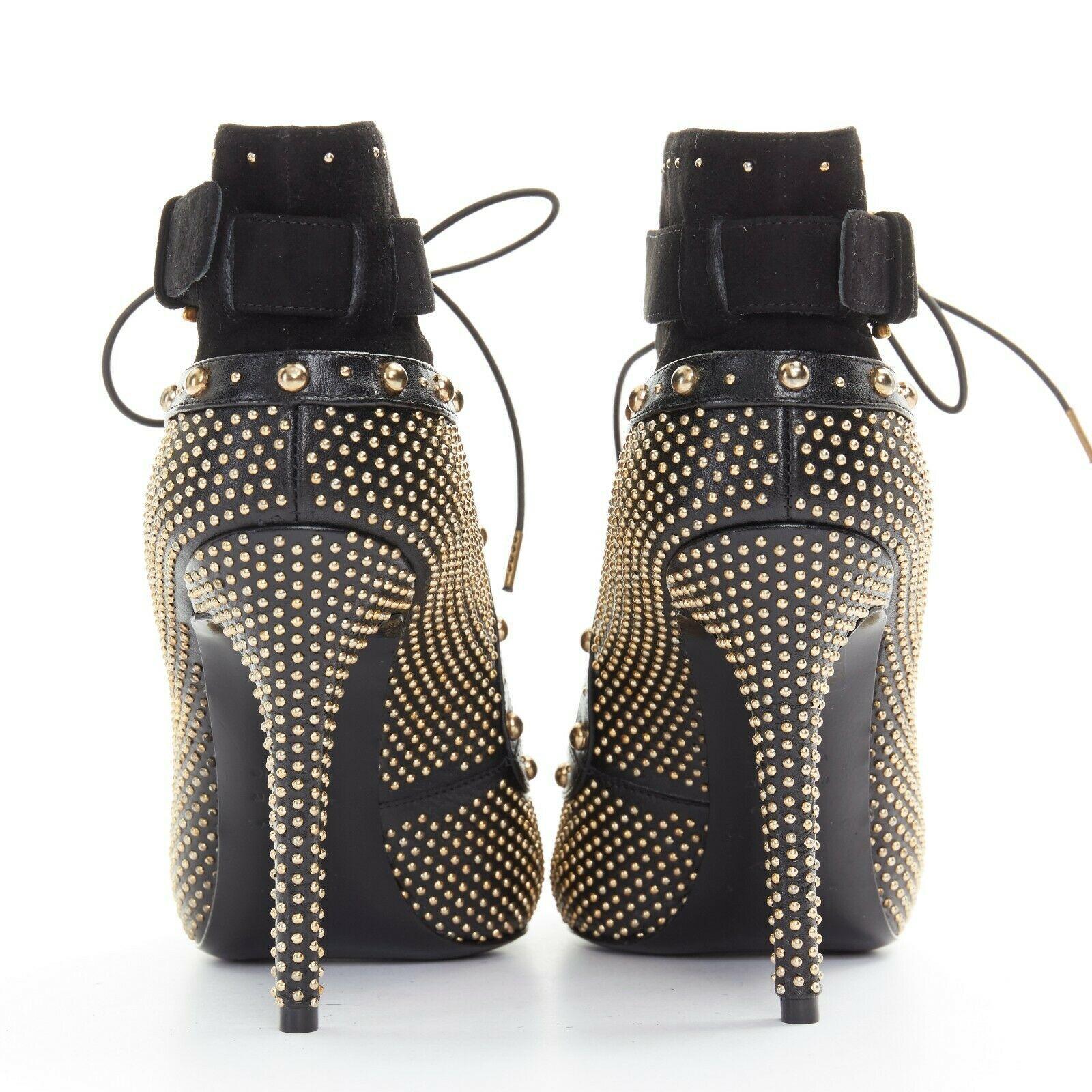 new ALEXANDER MCQUEEN black suede gold stud peep toe lace up ankle bootie EU37 In Good Condition In Hong Kong, NT