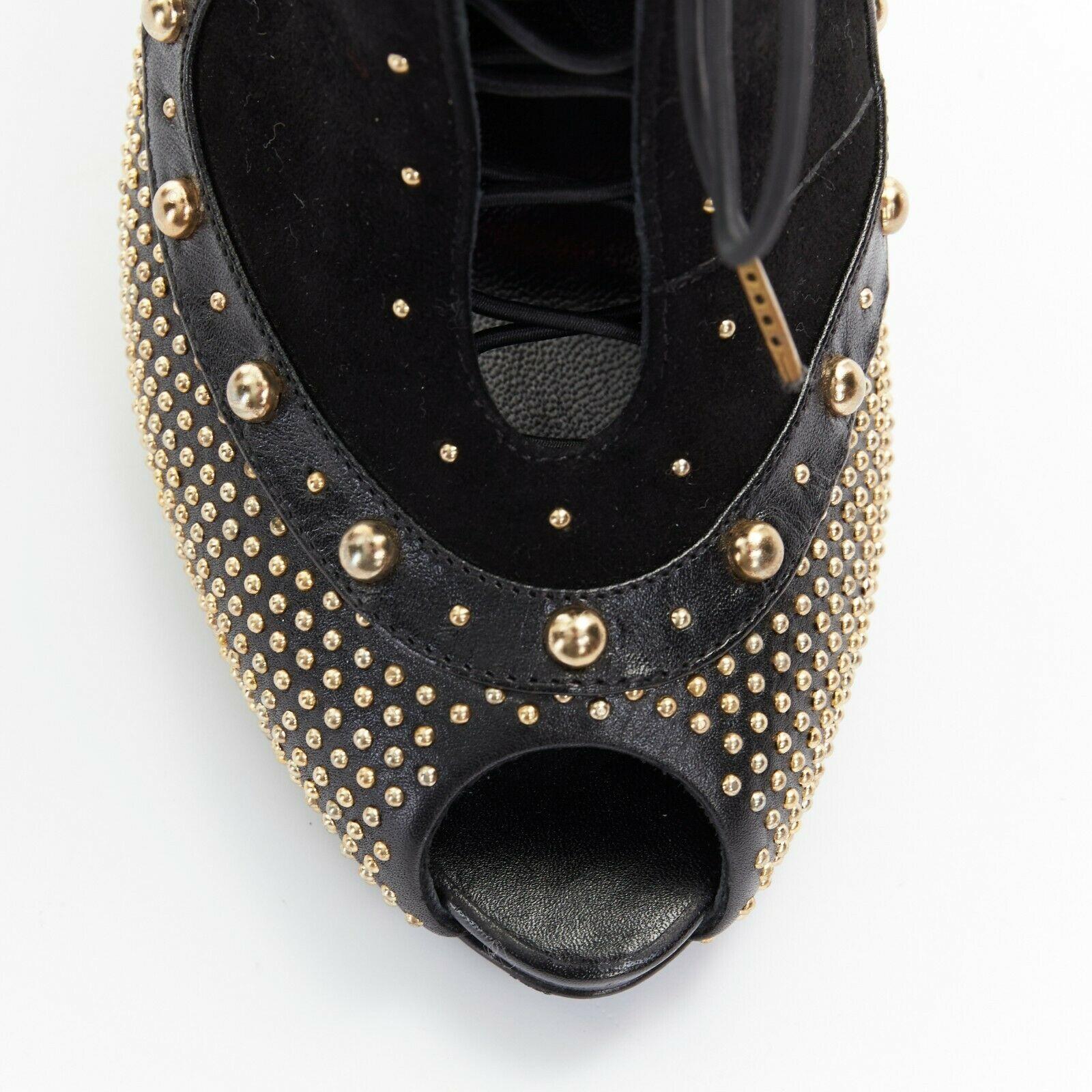 new ALEXANDER MCQUEEN black suede gold stud peep toe lace up ankle bootie EU37 1