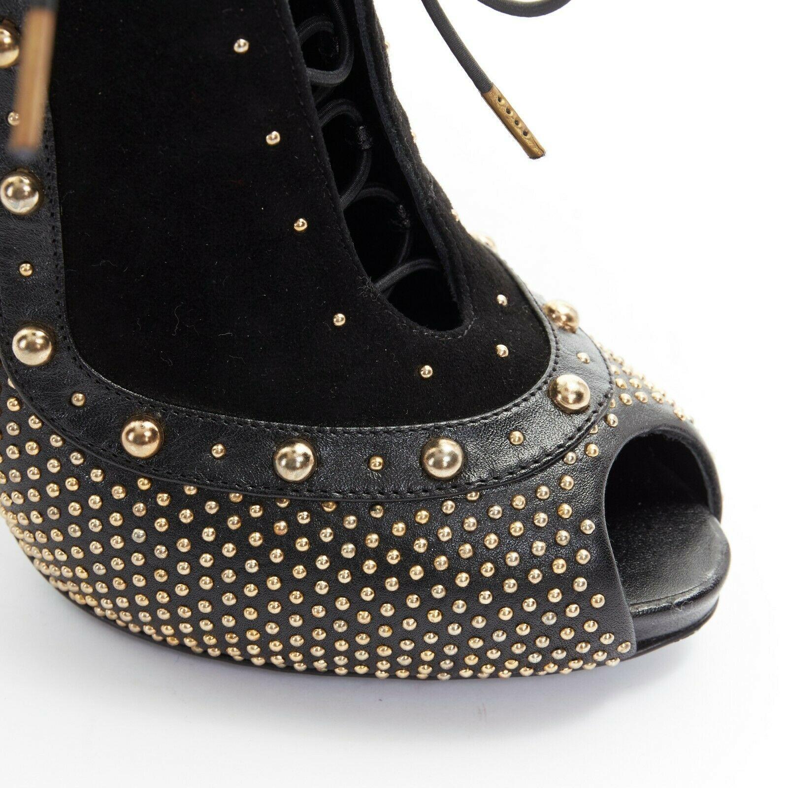 new ALEXANDER MCQUEEN black suede gold stud peep toe lace up ankle bootie EU37 2