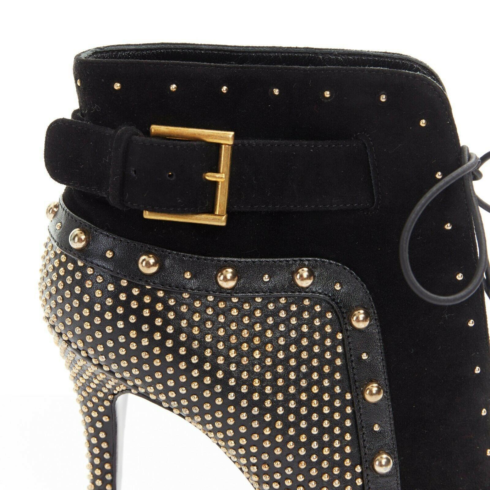 new ALEXANDER MCQUEEN black suede gold stud peep toe lace up ankle bootie EU37 3