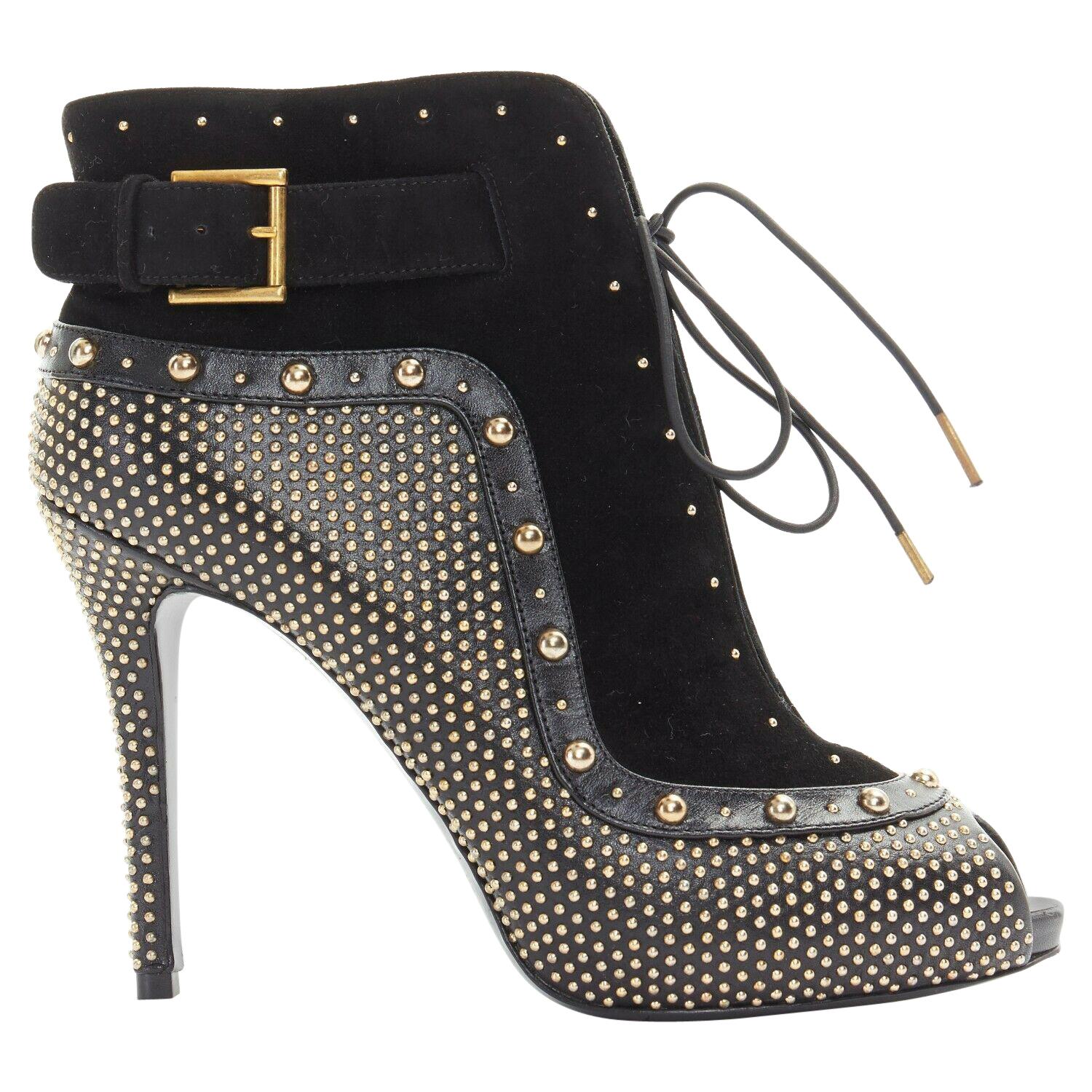 new ALEXANDER MCQUEEN black suede gold stud peep toe lace up ankle bootie EU37
