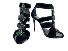 New Alexander McQueen Black Velvet Crystal Embellished Ivy Cage Sandals 37.5
