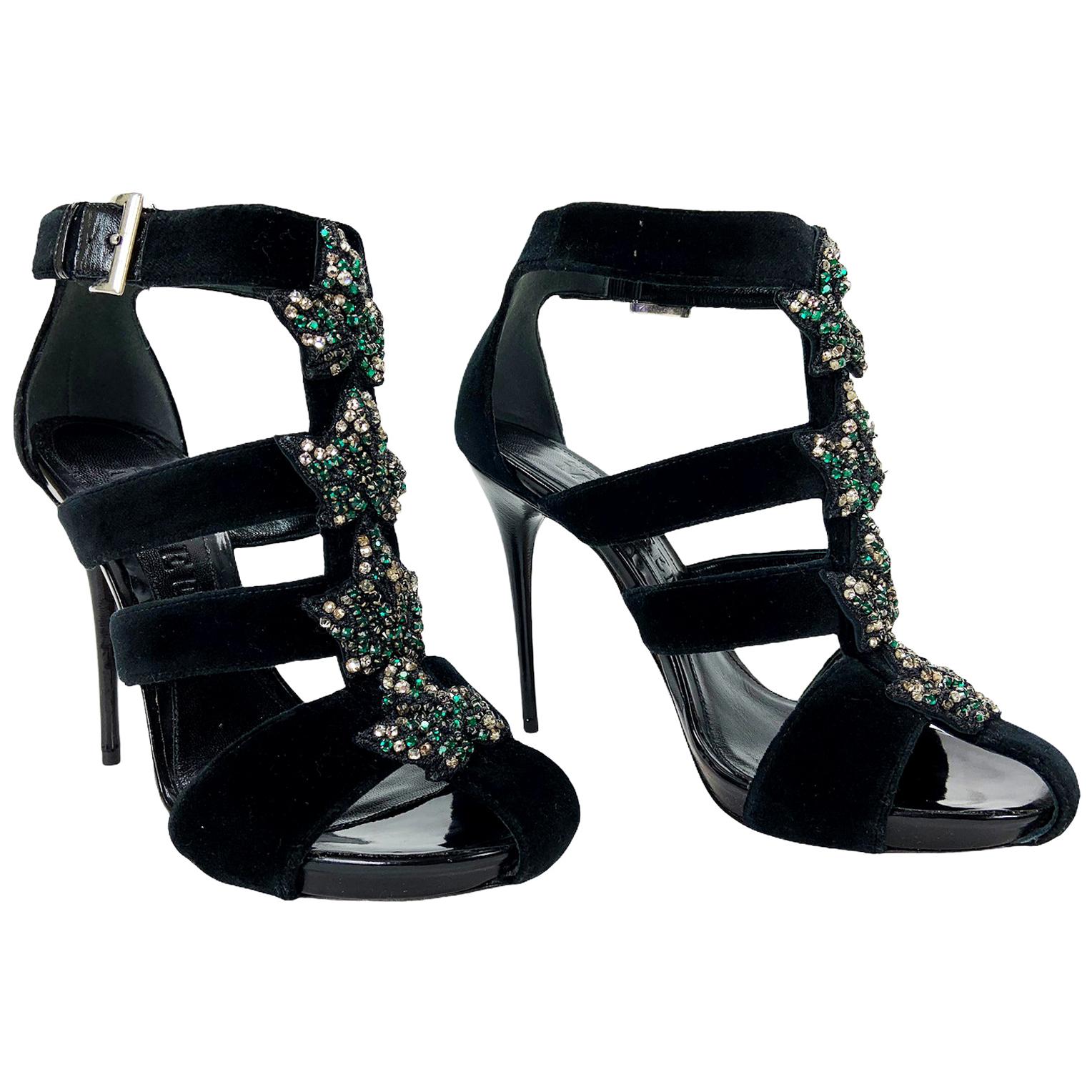 New Alexander McQueen Black Velvet Crystal Embellished Ivy Cage Sandals 37.5 