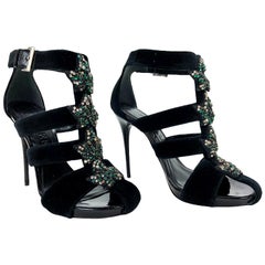 Alexander McQueen - Sandales en velours noir embellies de cristaux avec cage en lierre, 37,5, état neuf