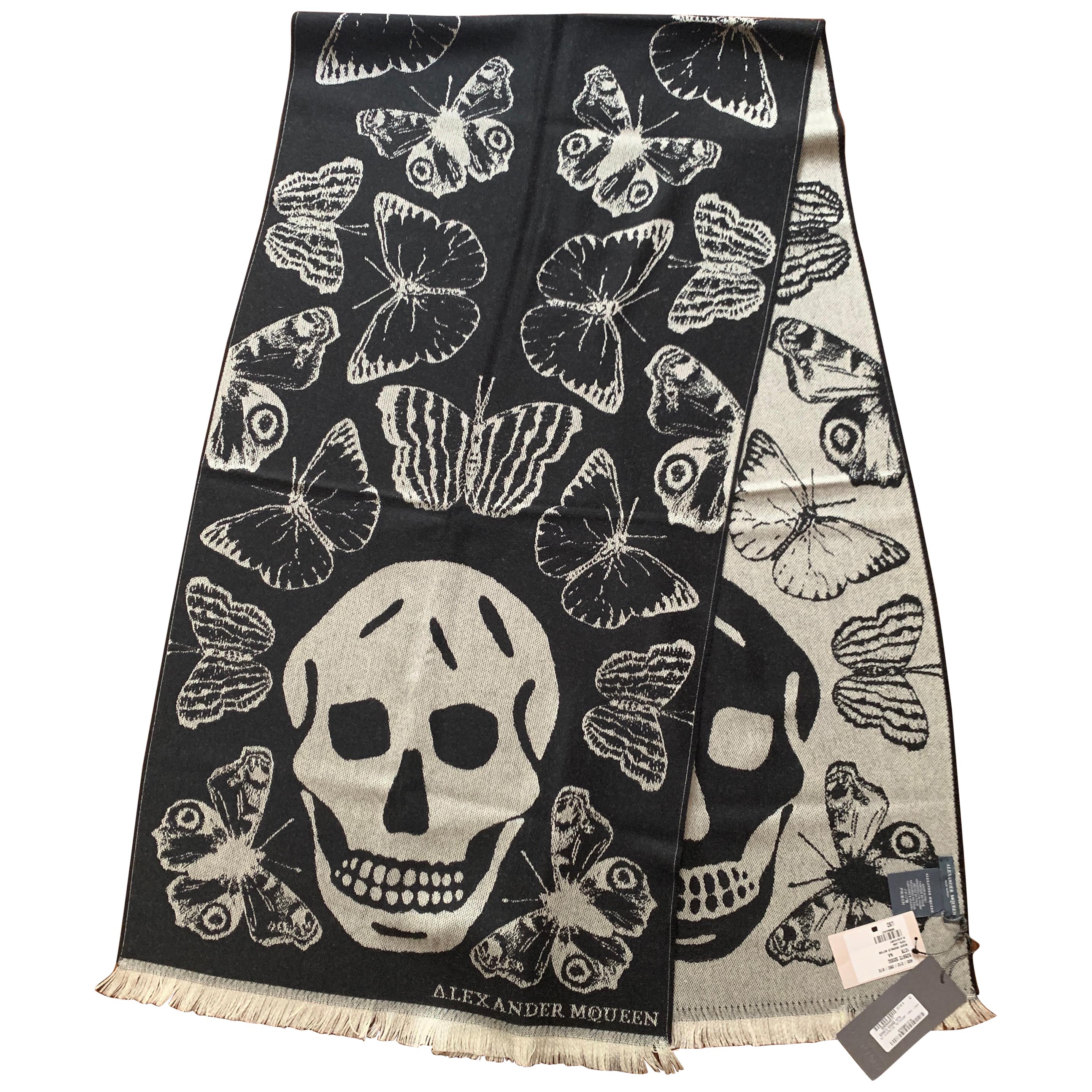 New Alexander McQueen Butterfly and Skull Scarf in Black and White