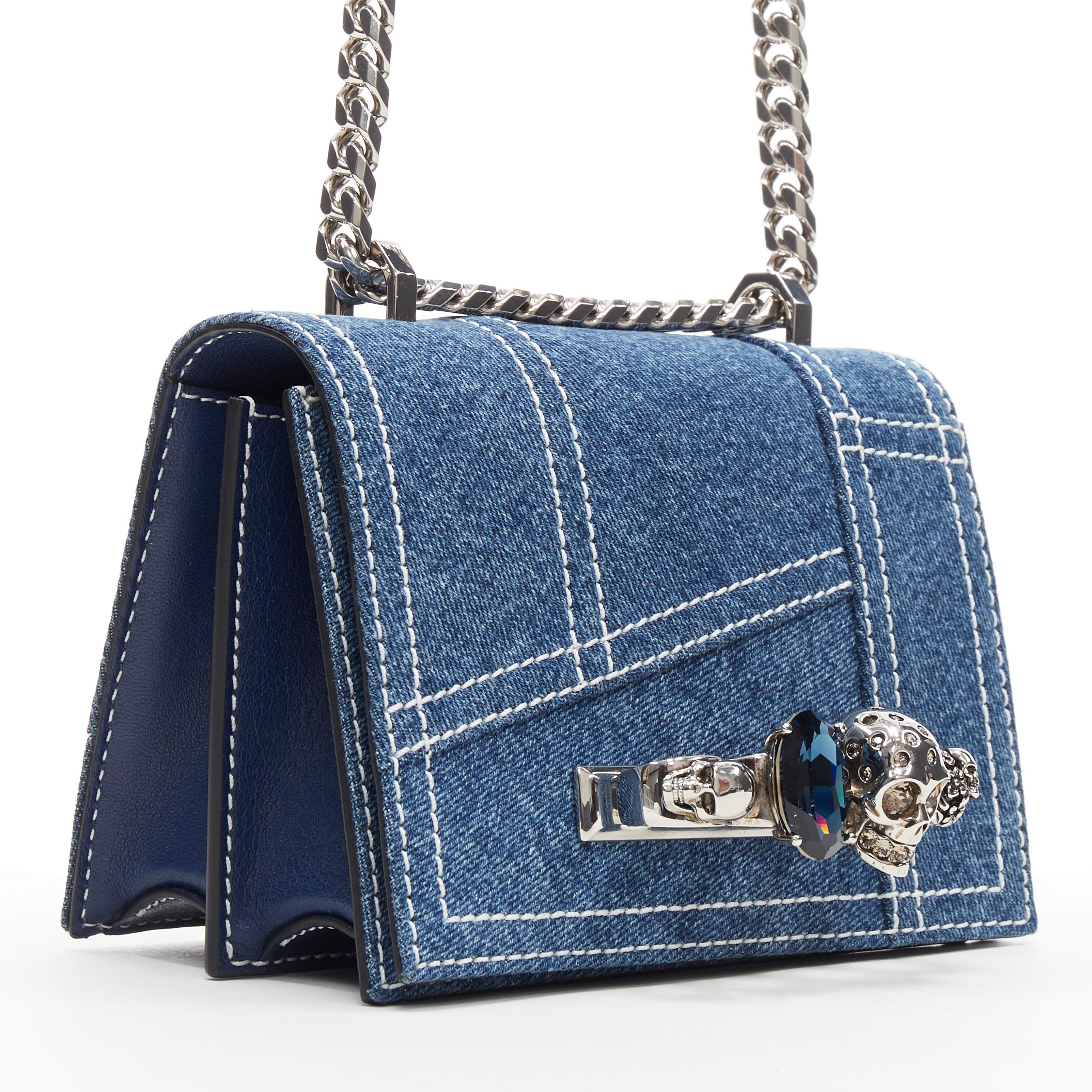 new ALEXANDER MCQUEEN denim overstitch skull knuckle duster chain crossbody bag 
Brand: Alexander Mcqueen
Model Name / Style: Knuckle crossbody
Material: Denim
Color: Blue
Pattern: Solid
Closure: Magnetic
Extra Detail:
Made in: Italy

CONDITION: