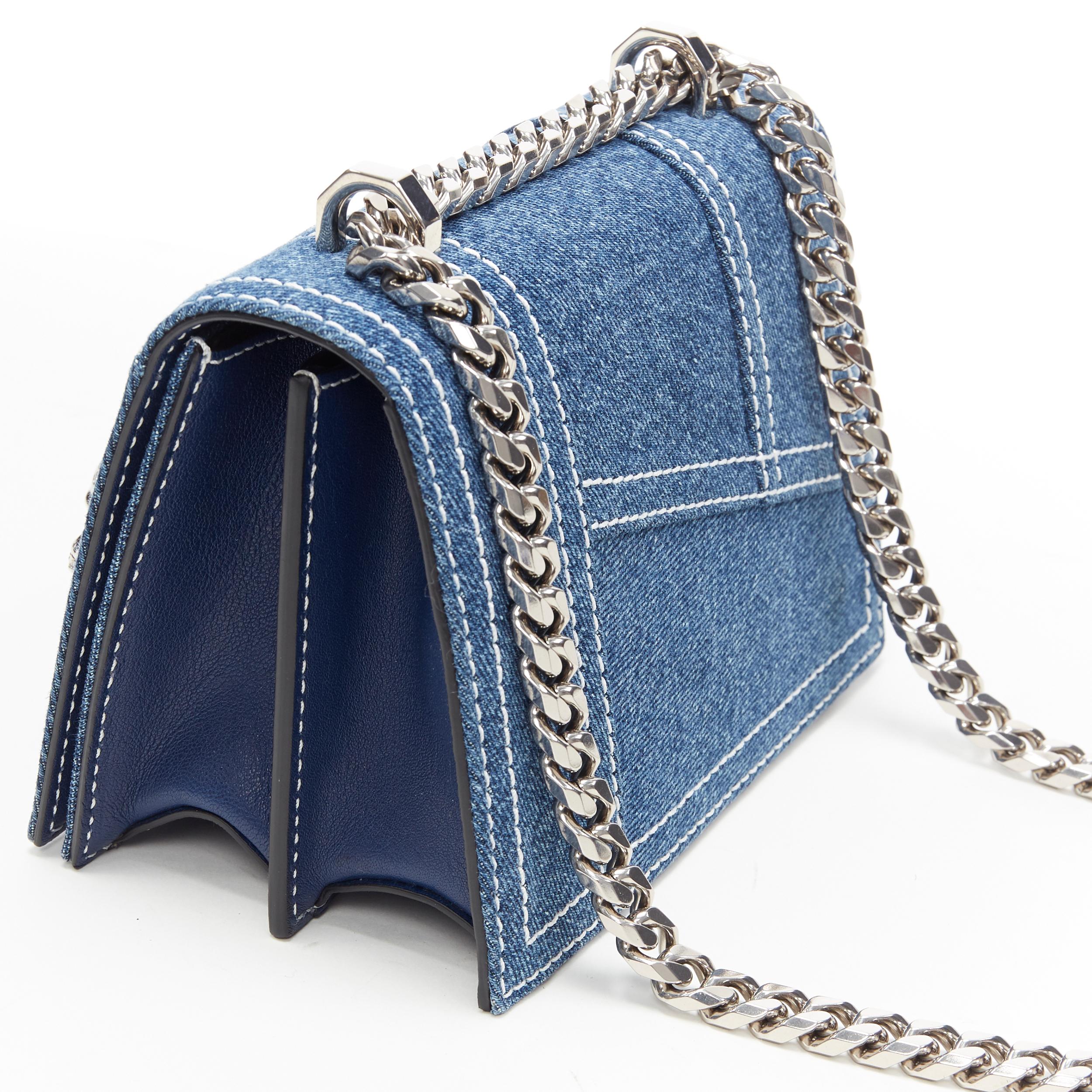 new ALEXANDER MCQUEEN denim overstitch skull knuckle duster chain crossbody bag In Excellent Condition In Hong Kong, NT