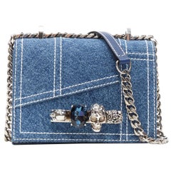 new ALEXANDER MCQUEEN denim overstitch skull knuckle duster chain crossbody bag