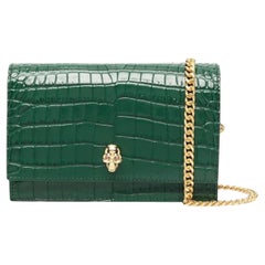 New Alexander McQueen Emerald Green Small Skull Crocodile Embossed Leather Cross